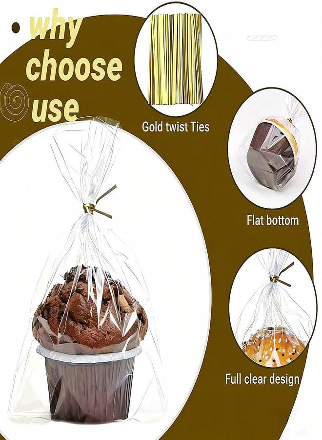 JCXGRVC 100 Pack 6"x7"x2.4" Cellophane Muffin Packaging with Gold Twist Ties Pro Grade Flat Bottom Design for Macarons Cupcakes Chocolate Treats Cookies Strawberries Reusable Resealable Bakery Bag - Image 3